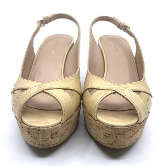 Stuart Weitzman Size 6.5M Adobe Nude Wedge Sandal Cork Peep Toe Slingback Patent - Picture 8 of 12